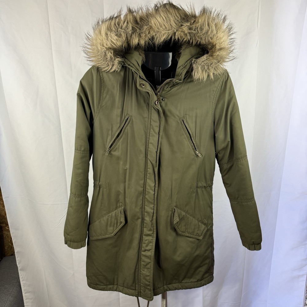 American Eagle Women's Olive Green Faux Fur Hooded Parka Coat Size‎ S